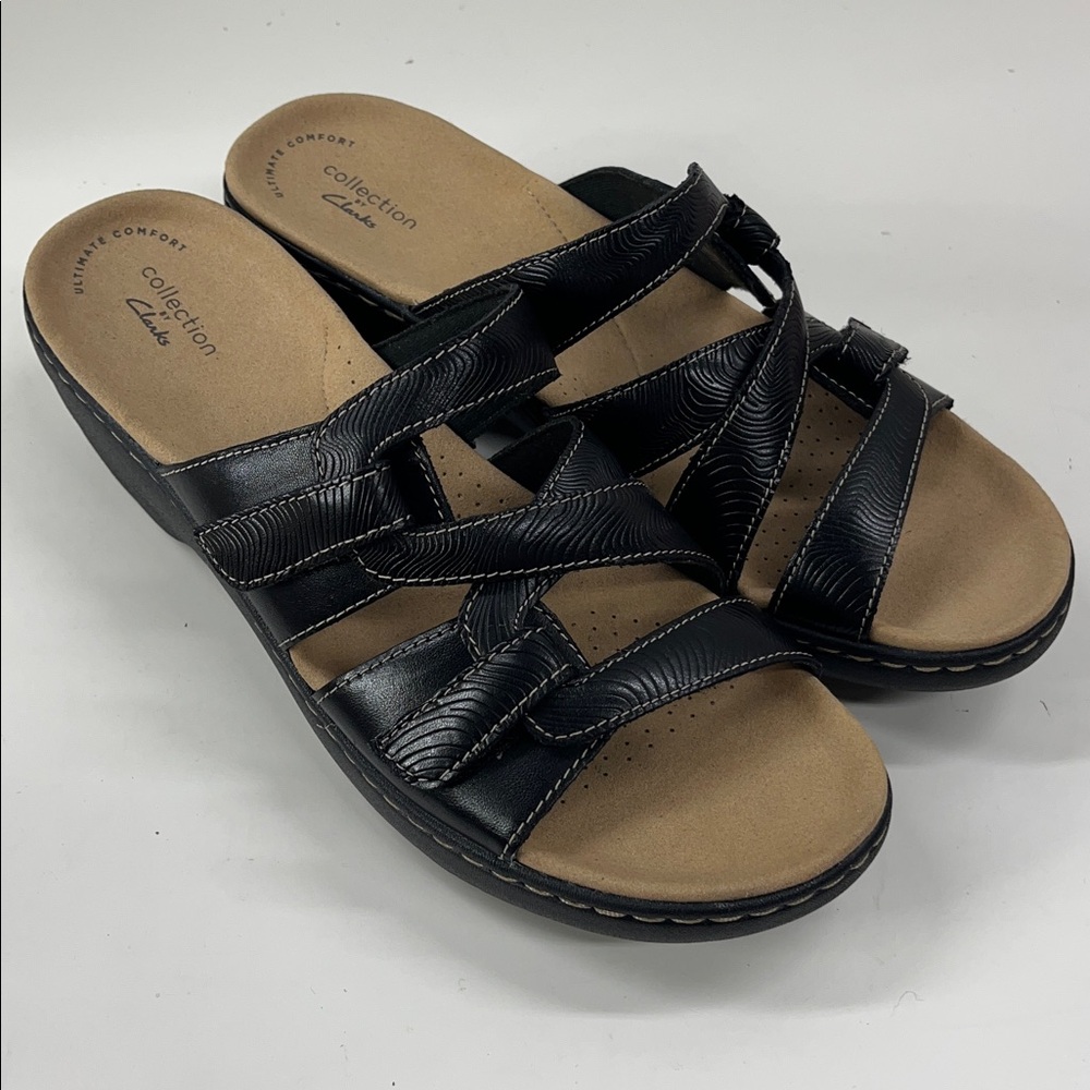 New CLARKS Merliah Karli Wedge Slide Sandal Strappy Black Leather Size 10.5